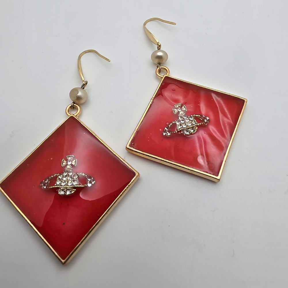 Red Square Drop Earrings with Gold Trim and Crystal Orb Accent